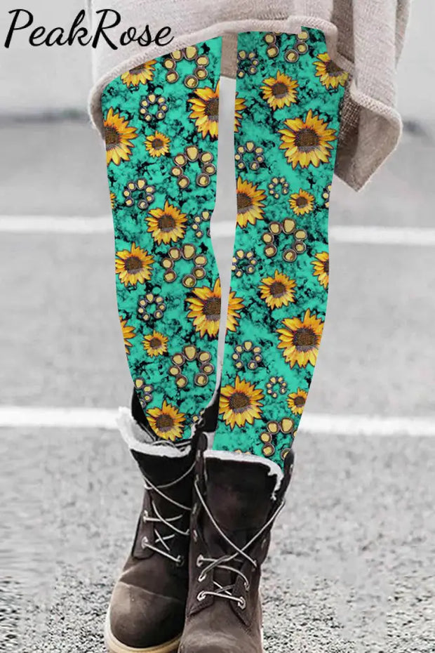 Western Sunflower Baseball Concho Printed Leggings Leggings