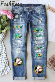 Western Sunflower Baseball Concho Printed Ripped Denim Jeans