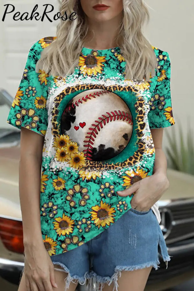 Western Sunflower Baseball Concho Printed Round Neck Short Sleeve T-Shirt