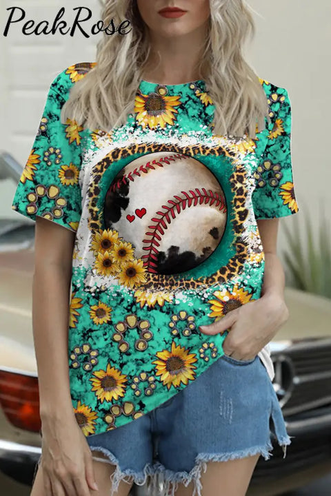 Western Sunflower Baseball Concho Printed Round Neck Short Sleeve T-Shirt S / Green