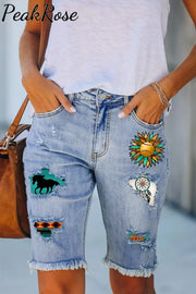 Western Sunflower Softball Aztec Horse Bermuda Denim Shorts