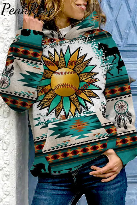 Western Sunflower Softball Aztec Horse Long Sleeve Hoodie