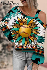 Western Sunflower Softball Aztec Horse Off Shoulder Blouse