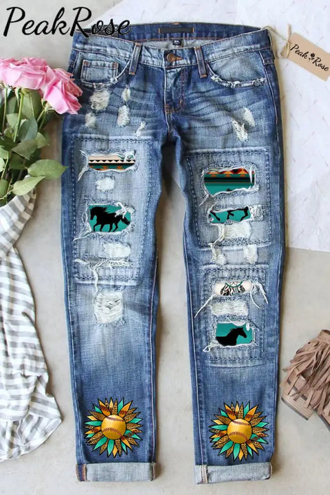 Western Sunflower Softball Aztec Horse Ripped Denim Jeans