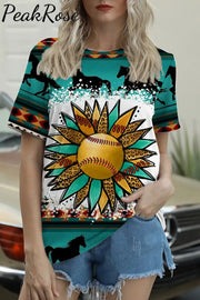 Western Sunflower Softball Aztec Horse Round Neck Short Sleeve T-Shirt