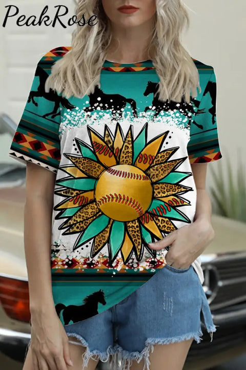 Western Sunflower Softball Aztec Horse Round Neck Short Sleeve T-Shirt S / Yellow