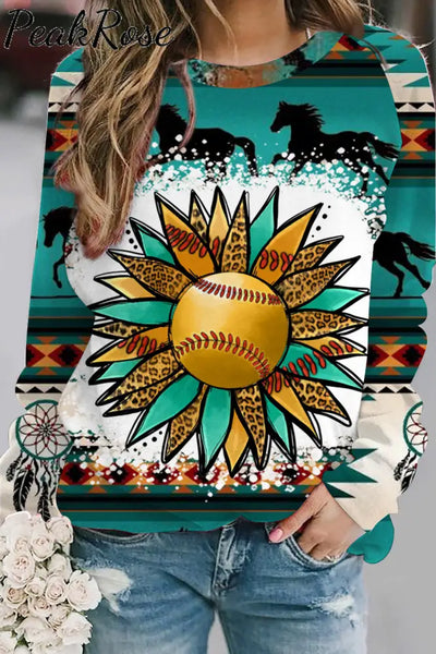 Western Sunflower Softball Aztec Horse Sweatshirt S / Yellow