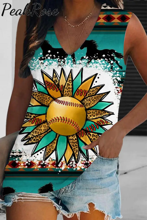 Western Sunflower Softball Aztec Horse Tank Top S / Yellow