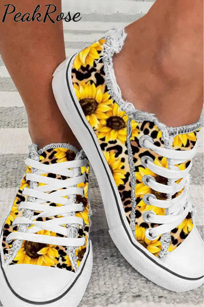 Western Sunflowers Leopard Print Shoes Canvas Sneakers / 3.5(35)