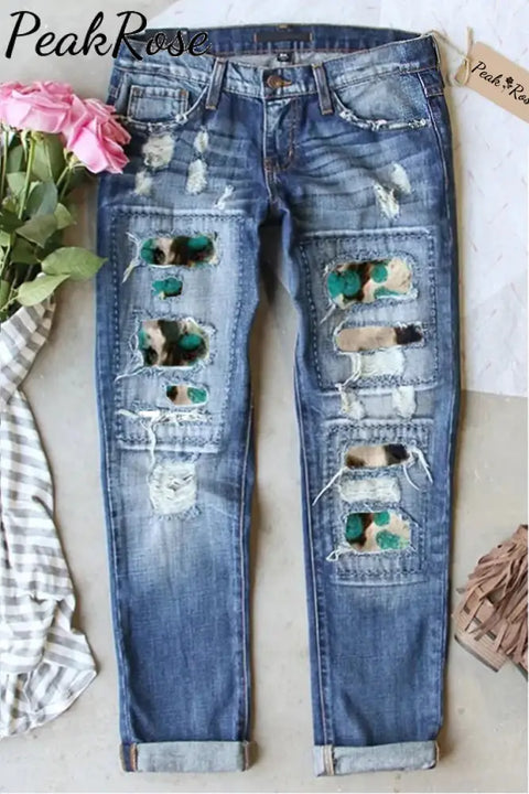 Western Turquoise Patchwork Ripped Denim Jeans