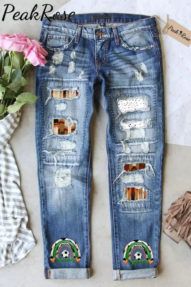 Western Vintage Soccer Polka Aztec Ripped Denim Jeans S