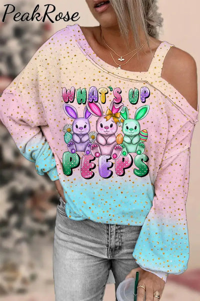 What’s Up Peeps Bunnies Easter Day Pink Blue Glitter Ombre Off Shoulder Blouse S /