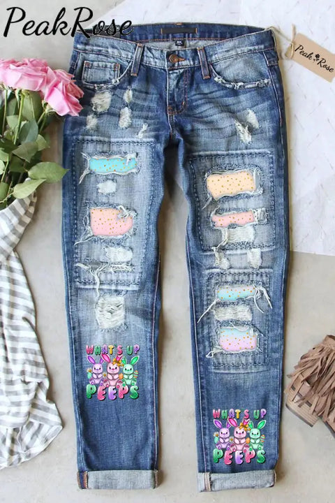 What’s Up Peeps Bunnies Easter Day Pink Blue Glitter Ombre Ripped Denim Jeans