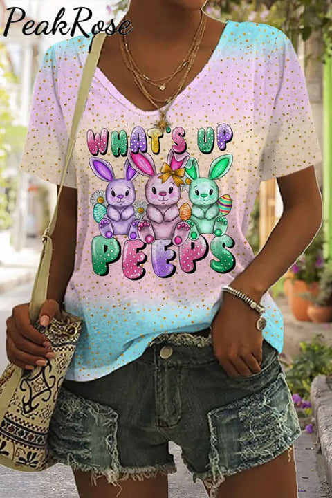 What’s Up Peeps Bunnies Easter Day Pink Blue Glitter Ombre V Neck T-Shirt T-Shirt