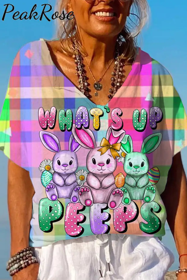 What’s Up Peeps Bunnies Easter Day Plaid Dolman Sleeves Tee S / Ombre