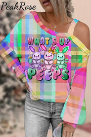 What’s Up Peeps Bunnies Easter Day Plaid Off Shoulder Blouse