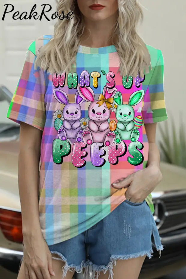 What’s Up Peeps Bunnies Easter Day Plaid Round Neck T-Shirt T-Shirt