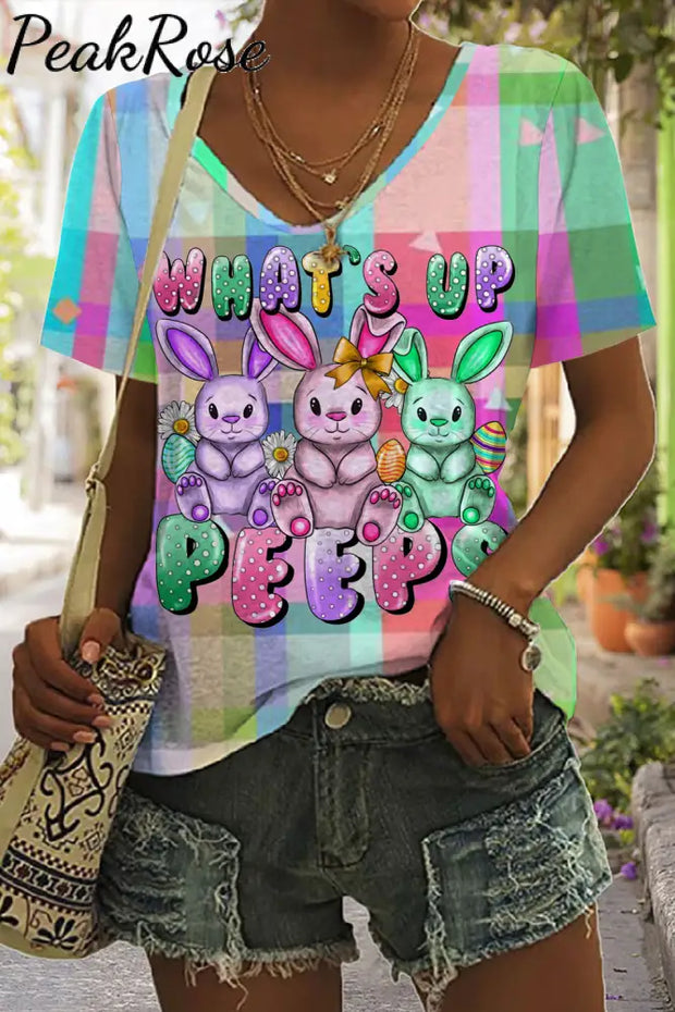 What’s Up Peeps Bunnies Easter Day Plaid V Neck T-Shirt T-Shirt