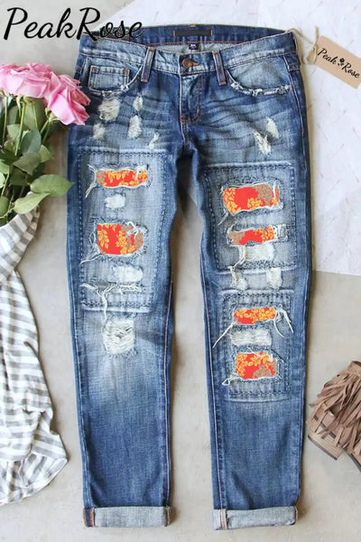 Wheat Spike Leaves Retro Print Ripped Denim Jeans