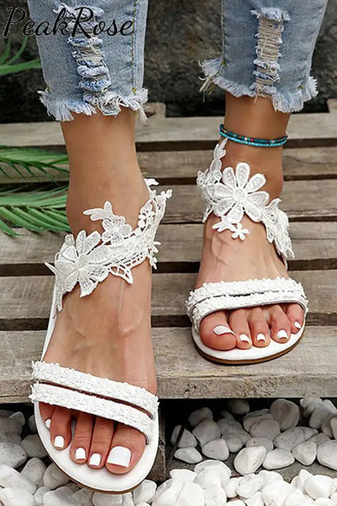 White Floral Lace Crochet Flat Sandals