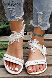 White Floral Lace Crochet Flat Sandals / 5(37)