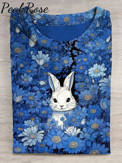 White Rabbit In Flower Blue Art Print Casual Short Sleeve T-Shirt Multicolor / S Hot Sell