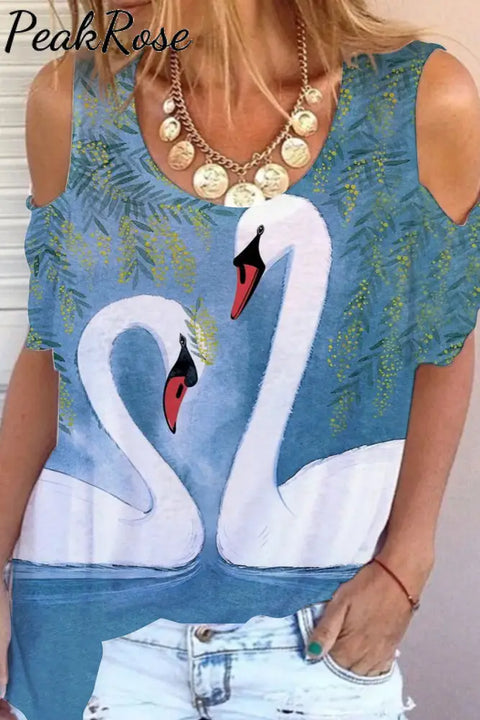 White Swan In Love Print Cold Shoulder T-Shirt