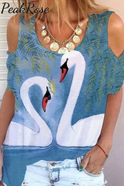 White Swan In Love Print Cold Shoulder T-Shirt S / Blue