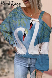 White Swan In Love Print Off-Shoulder Blouse