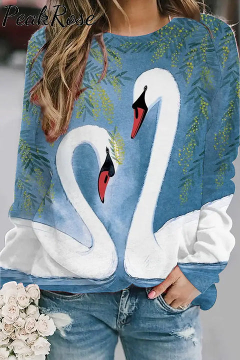 White Swan In Love Print Sweatshirt S / Blue