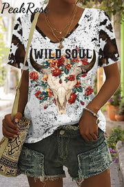 Wild Soul Cow Print Tie-Dye V Neck T-Shirt T-Shirt