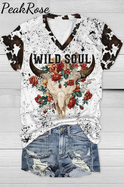 Wild Soul Cow Print V Neck T-Shirt T-Shirt