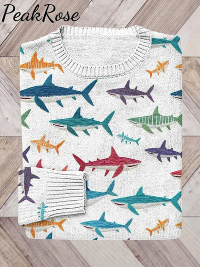 Women Colorful Shark Faux Embroidery Knit Sweater White / S Hot Sell