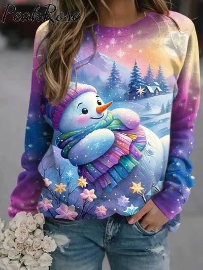 Women Cute Cartoon Snowman Christmas Art Illustration Printed Casual Sweatshirt