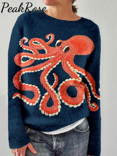 Women Cute Octopus Embroidered Art Cozy Knit Sweater Navy / S Hot Sell