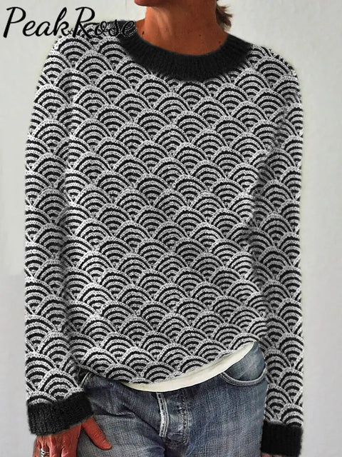 Women Japanese Sea Waves Inspired Knit Art Cozy Sweater Black / S Hot Sell