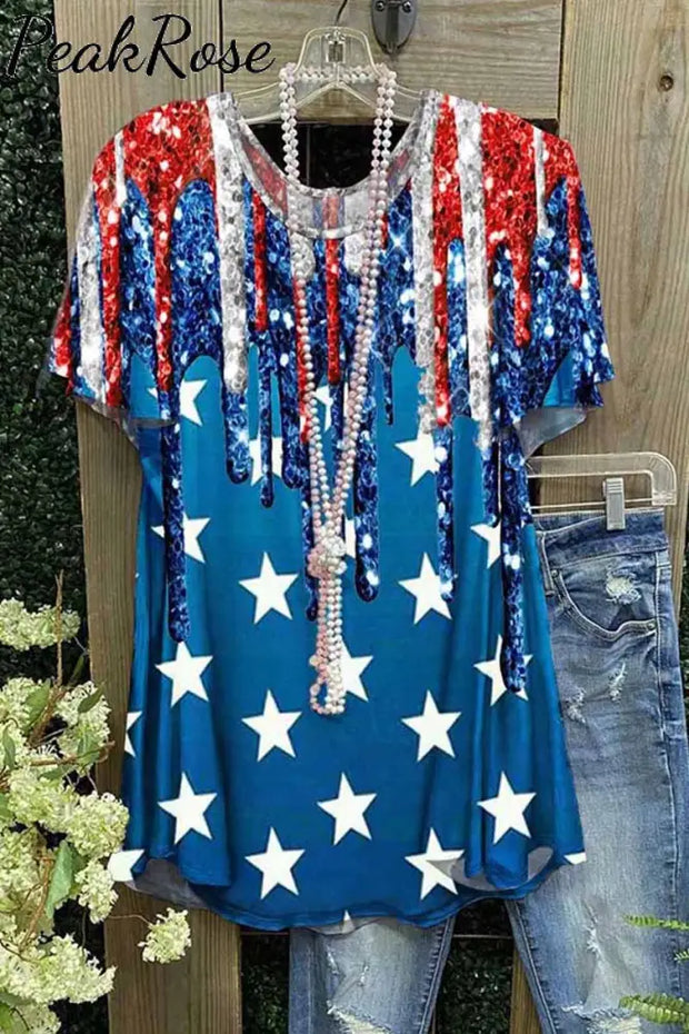 Women\’S American Flag Star Sequin Casual Tops Long Short Sleeve Top