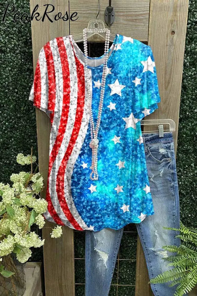 Women\’S American Flag Star Sequin Patchwork Print Casual Tops Long Short Sleeve Top