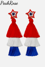 Women\’S Red Blue And White Five-Pointed Star Tassel Earrings