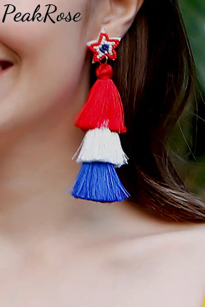 Women\’S Red Blue And White Five-Pointed Star Tassel Earrings