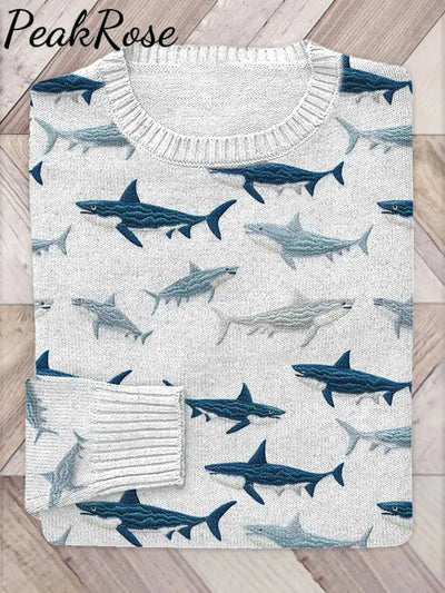 Women Sharks Embroidery Art Cozy Knit Sweater White / S Hot Sell