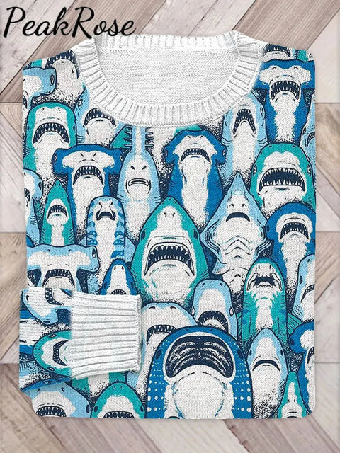 Women Sharks Pattern Casual Cozy Knit Sweater Multicolor / S Hot Sell