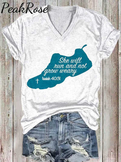 Women She Will Run And Not Grow Weary Isaiah 40:31 Printed Cotton T-Shirt