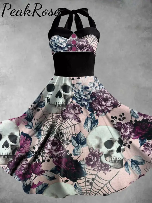 Women Skull Floral Halloween Elegant Sleeveless Printed Suspender Dress