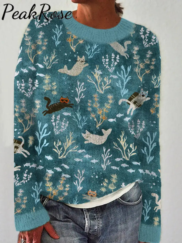 Women Swimming Cat Cozy Sweater Blue / S Hot Sell