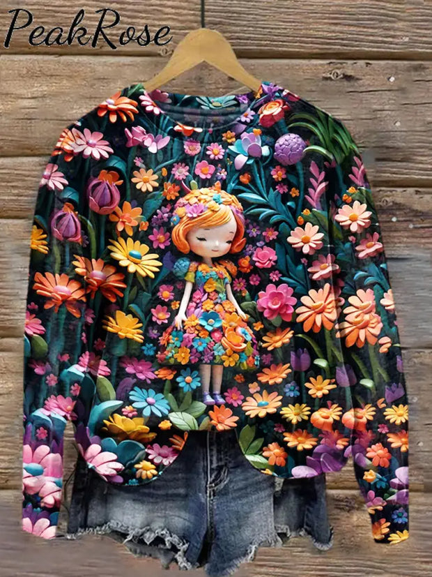 Women’s 3D Doll Floral Art Illustration Printed Casual Round Neck Sweatshirt