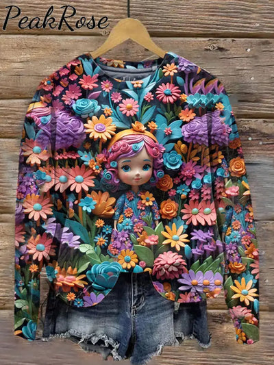 Women’s 3D Doll Floral Art Illustration Printed Casual Round Neck Sweatshirt