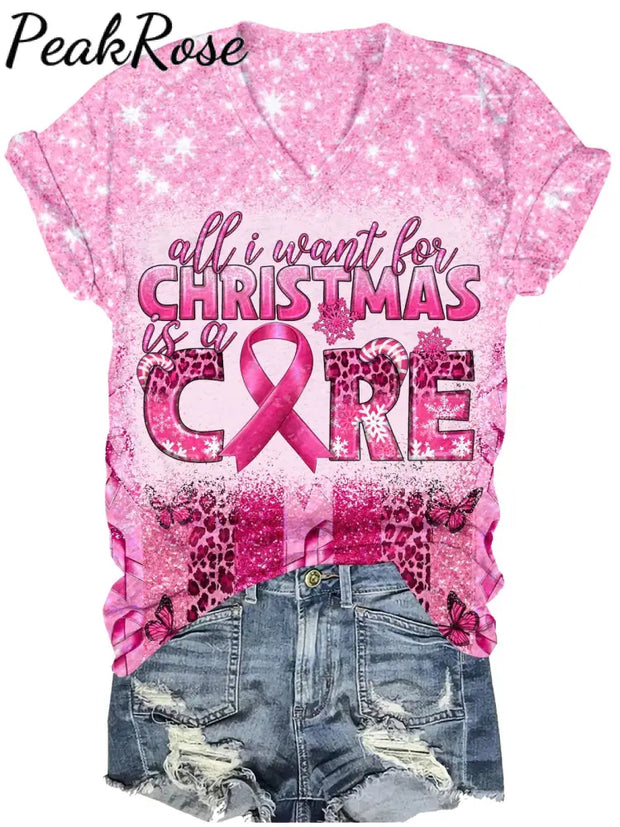 Women’s All I Want For Christmas Is A Cure Breast Cancer Casual T-Shirt Christmas