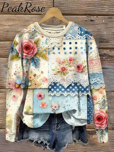 Women’s Autumn Floral Collage Art Illustration Print Casual Round Neck Sweatshirt As Picture / S