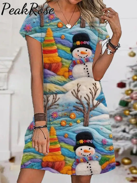 Women’s Blue Snowman V-Neck Printed Dress / S